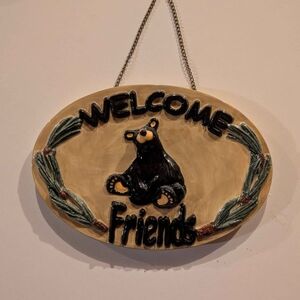 Welcome Friends Bear Wall Plaque - Ceramic Hanging Sign